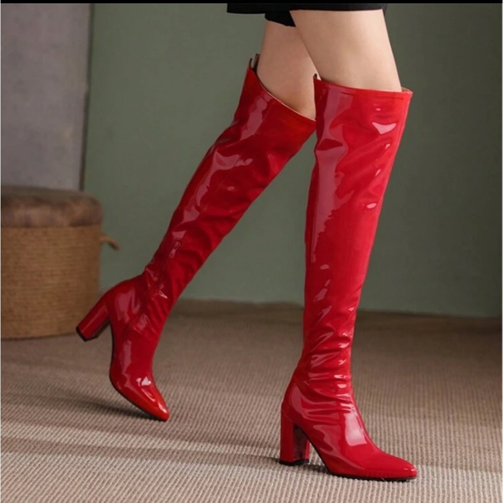 Red Over the Knee Boots, PU Leather, Size 6.5 US,